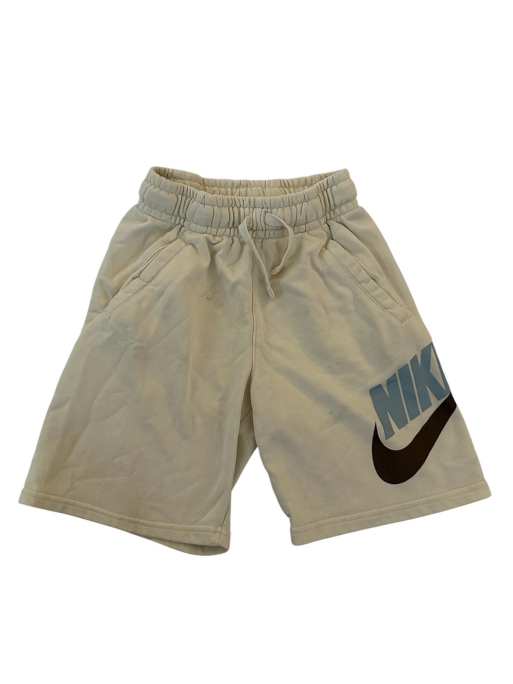 Nike Kids Beige Shorts with Blue Logo and Brown Swoosh